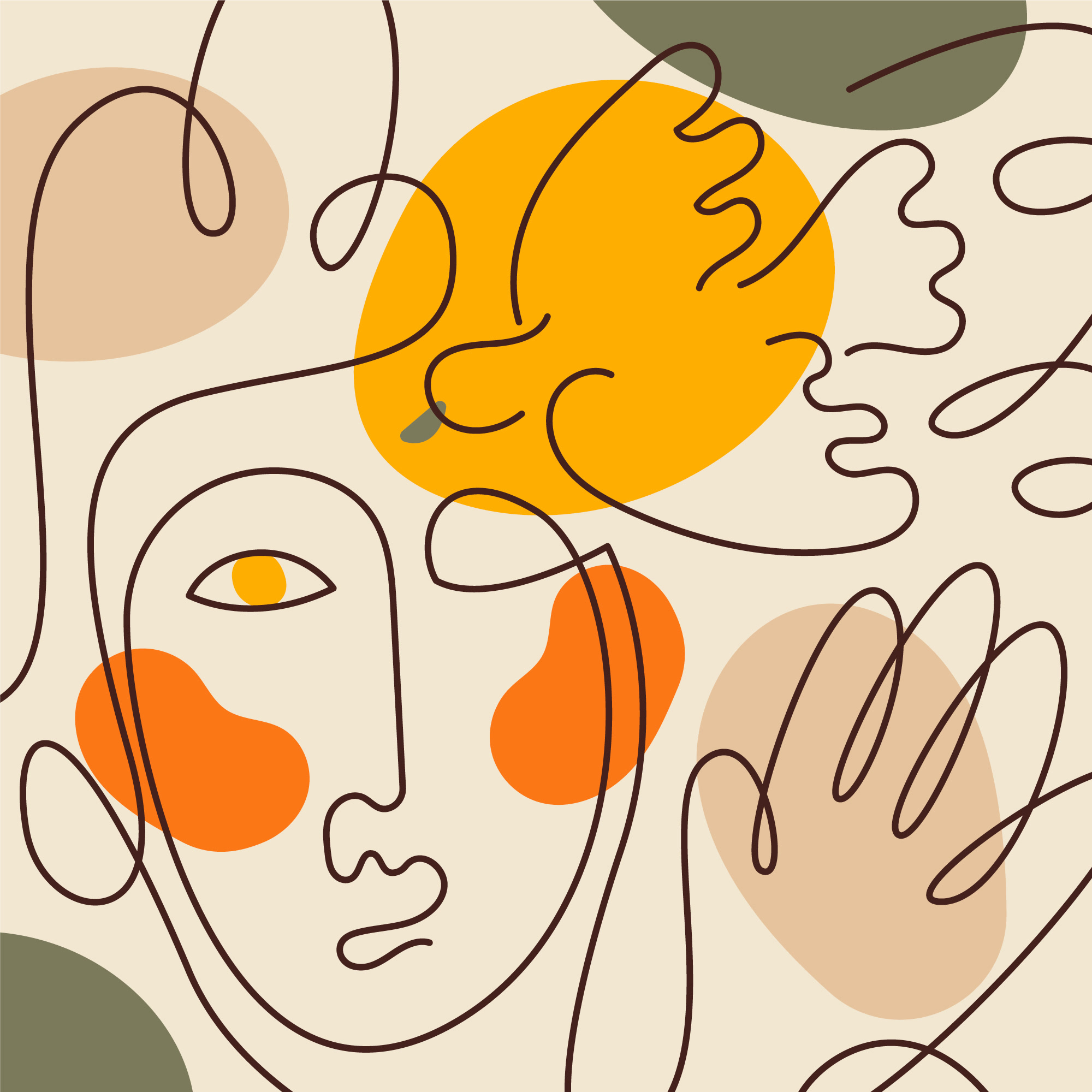 Ilustrácia: línia tváre a ruky v teplých oranžových a béžových plochách